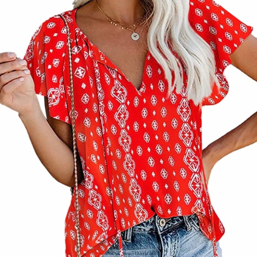 New Women’s Chiffon Blouse Top Flutter Sleeve Tie VNeck Festive Boho Red White S